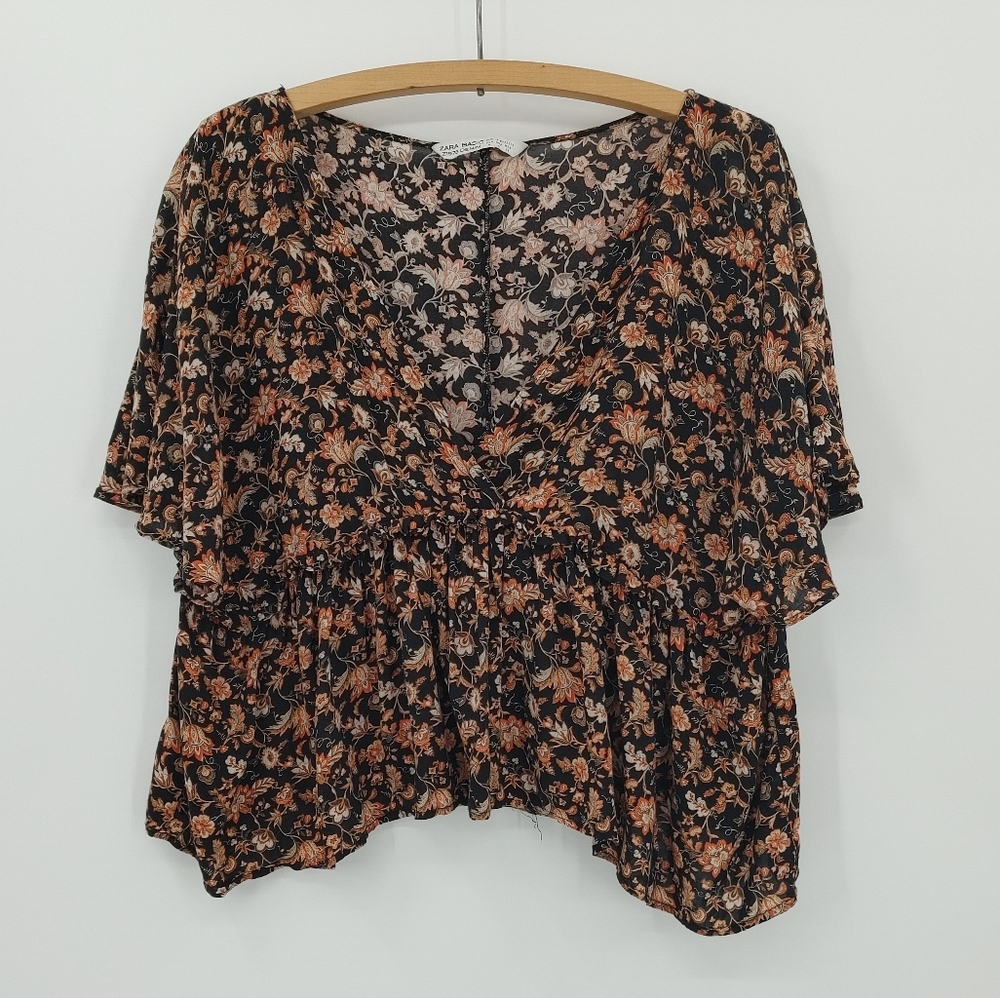 Zara Black and Orange Floral Crop Top